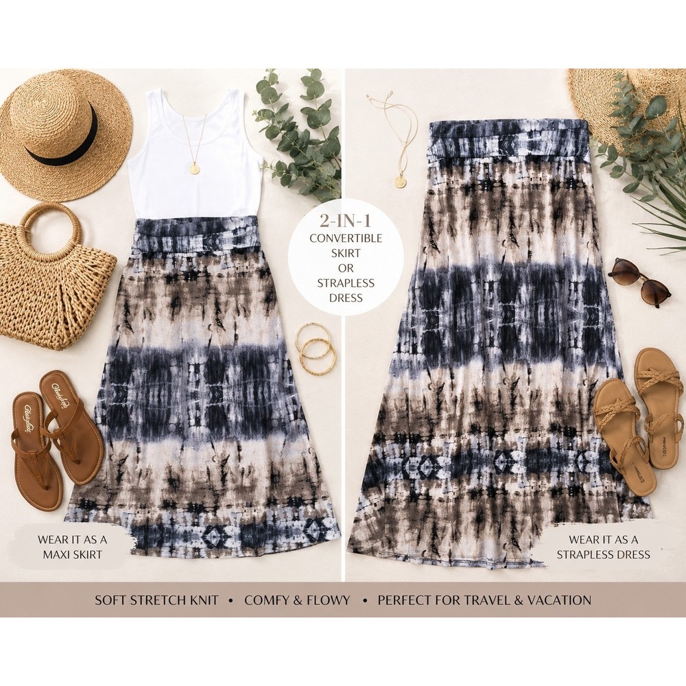 Convertible Maxi Skirt Strapless Dress Large Boho Tie Dye Soft Knit Vacation